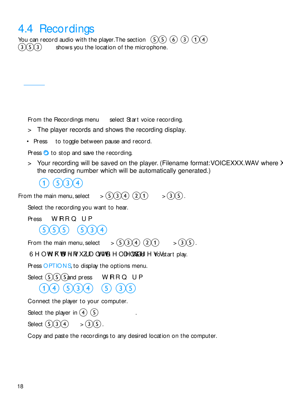 Philips SA2946, SA2926, SA2986, SA2980 Recordings, Play recordings, Delete your recording, Upload recordings to the computer 