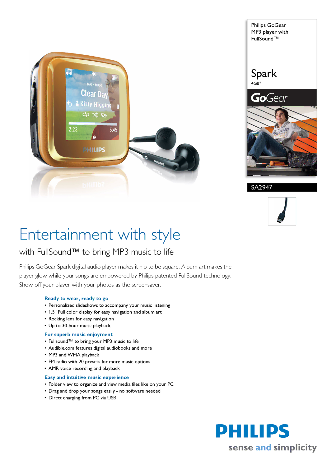 Philips SA2947/97 manual Ready to wear, ready to go, For superb music enjoyment, Easy and intuitive music experience 