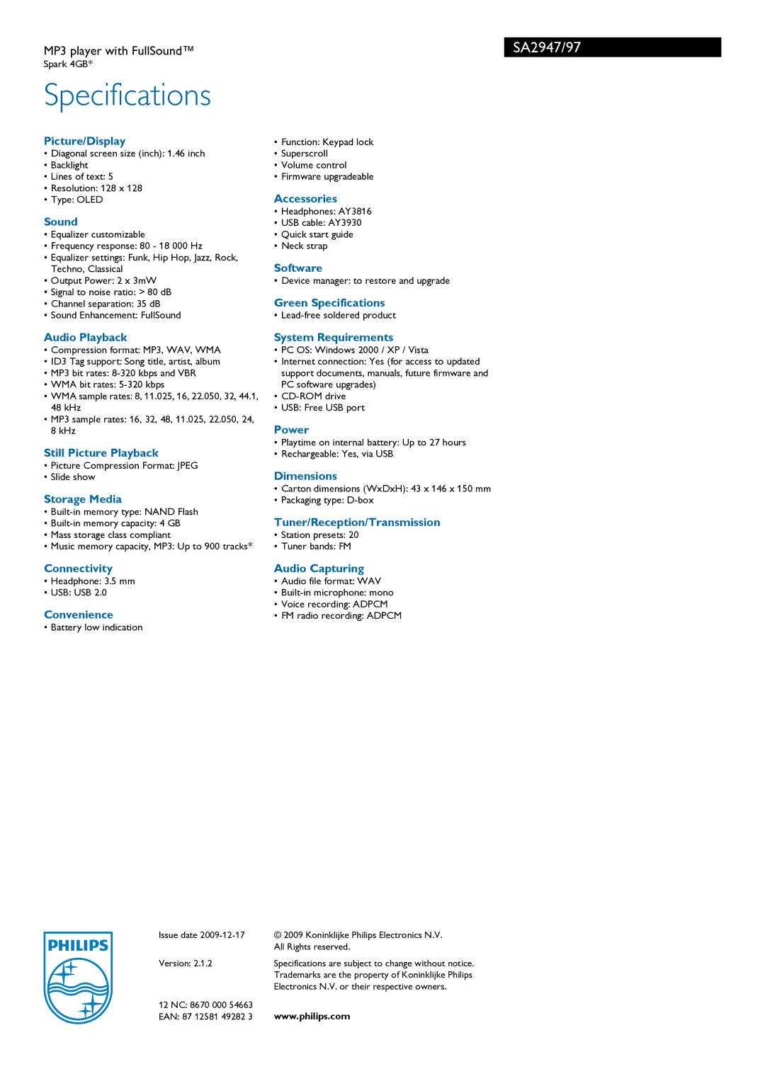 Philips SA2947/97 manual Specifications 