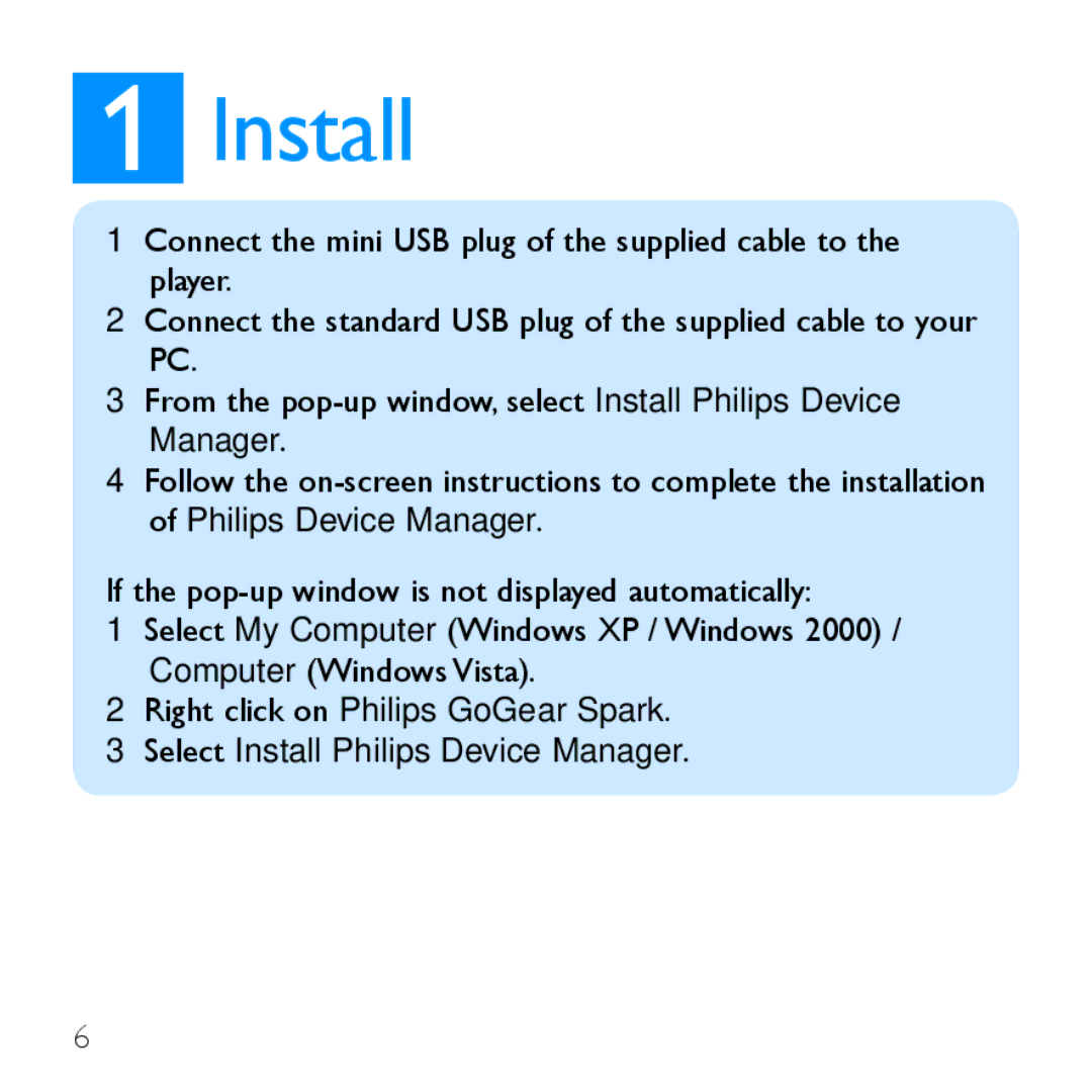 Philips SA2928, SA2985, SA2947, SA2948 quick start Install 