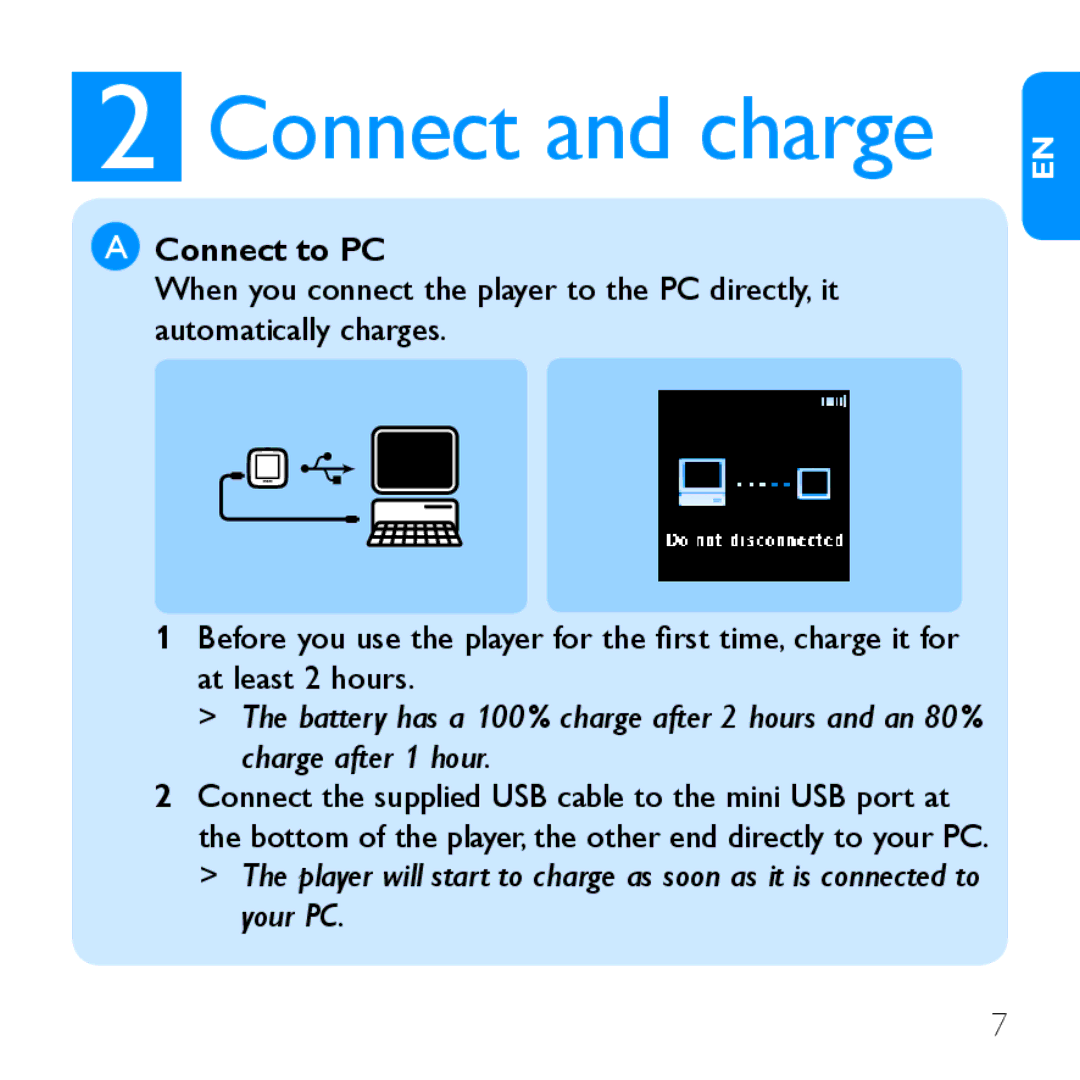 Philips SA2948, SA2985, SA2947, SA2928 quick start Connect and charge, Connect to PC 
