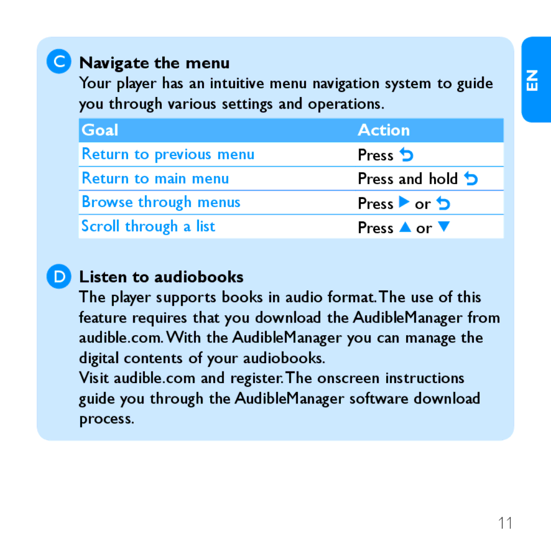 Philips SA2948, SA2985, SA2947, SA2928 quick start Navigate the menu, Listen to audiobooks 