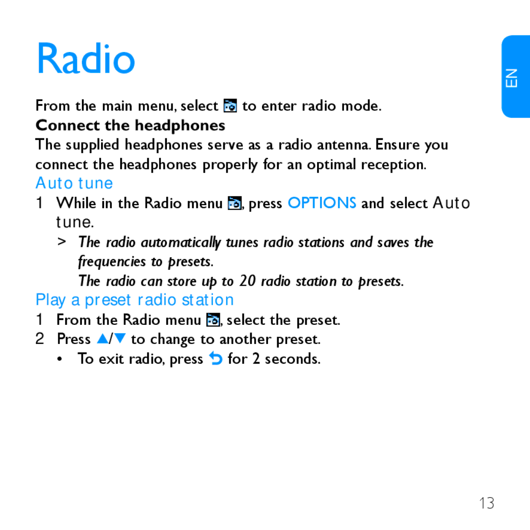 Philips SA2947, SA2985, SA2928, SA2948 quick start Radio, Connect the headphones, Auto tune, Play a preset radio station 