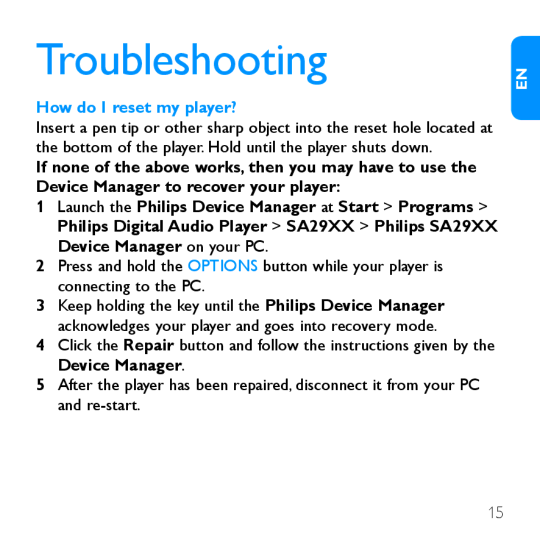 Philips SA2948, SA2985, SA2947, SA2928 quick start Troubleshooting, How do I reset my player? 