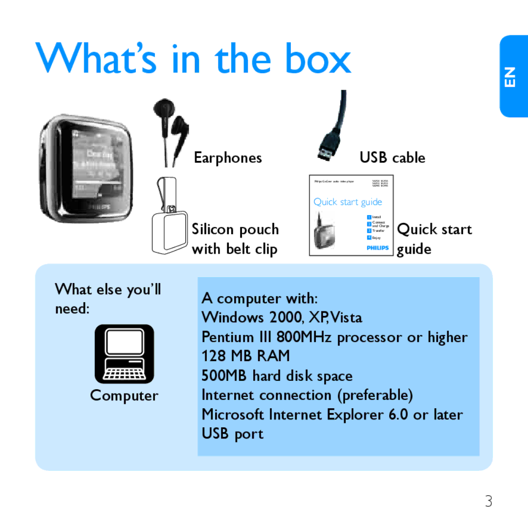 Philips SA2948, SA2985, SA2947, SA2928 quick start What’s in the box, USB cable 