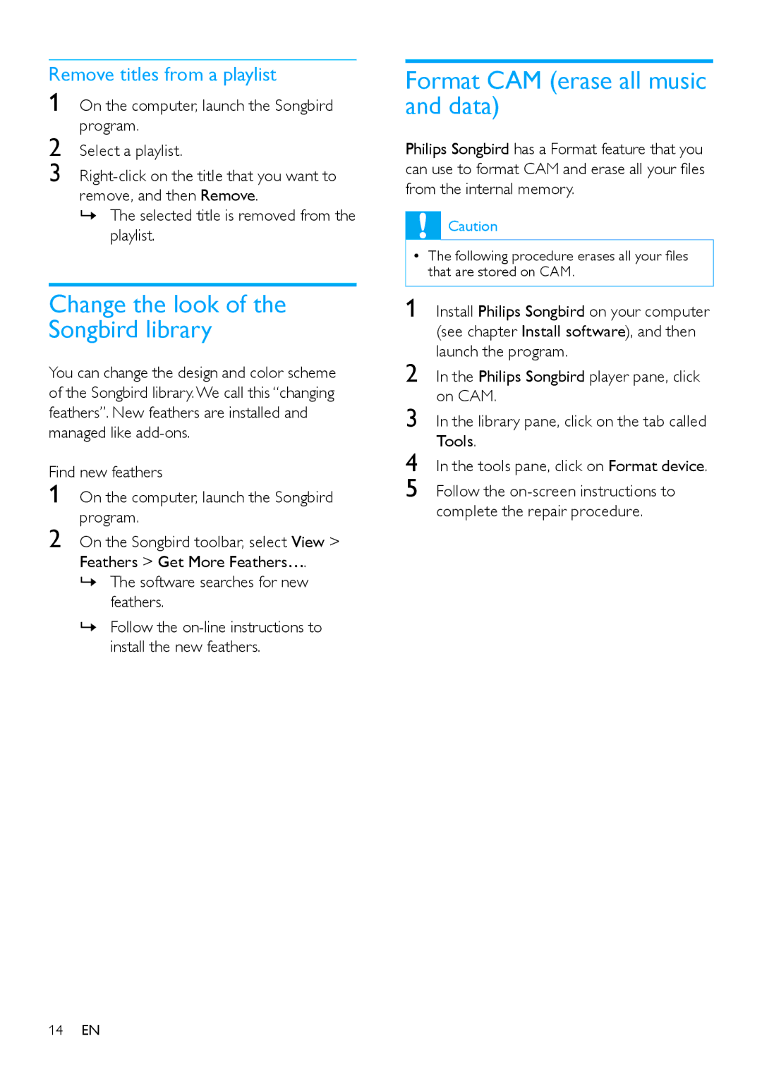 Philips SA2CAM/02 user manual Change the look of the Songbird library, Format CAM erase all music and data 