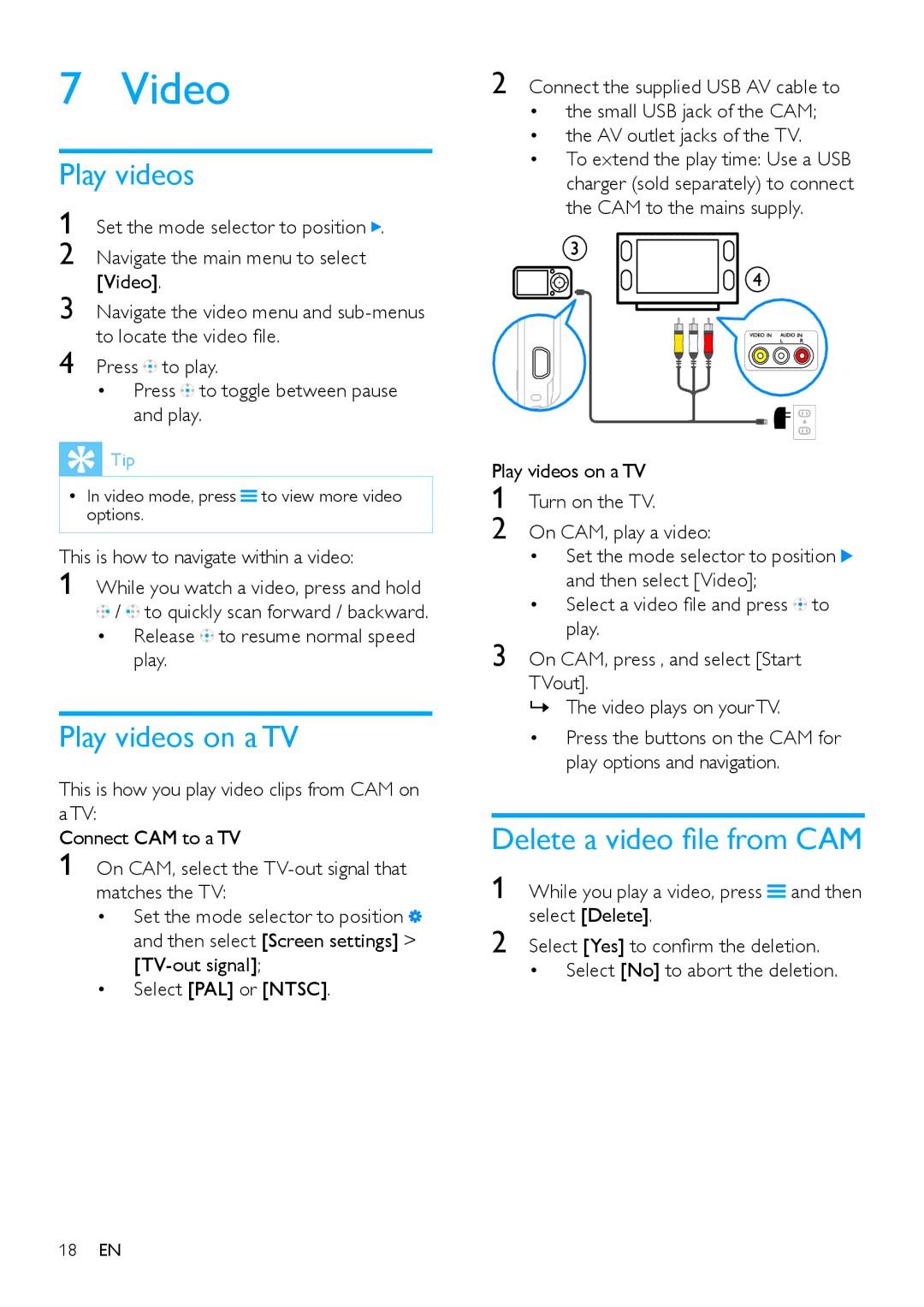 Philips SA2CAM/02 user manual Video, Play videos on a TV, Delete a video file from CAM 