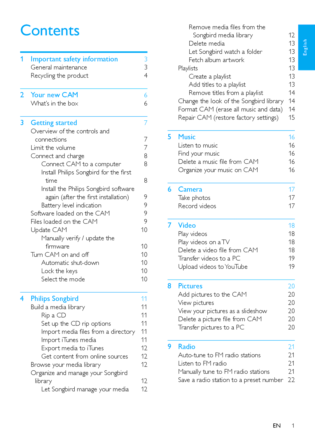 Philips SA2CAM/02 user manual Contents 