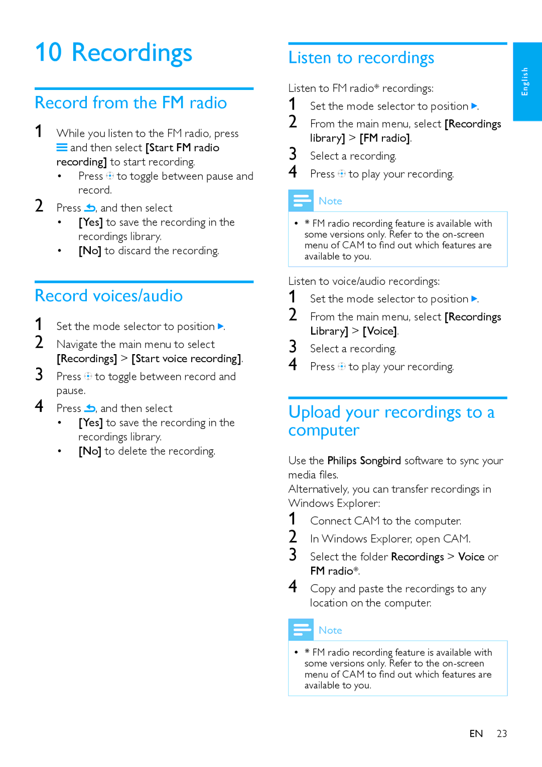 Philips SA2CAM/02 user manual Recordings, Record from the FM radio, Record voices/audio, Listen to recordings 