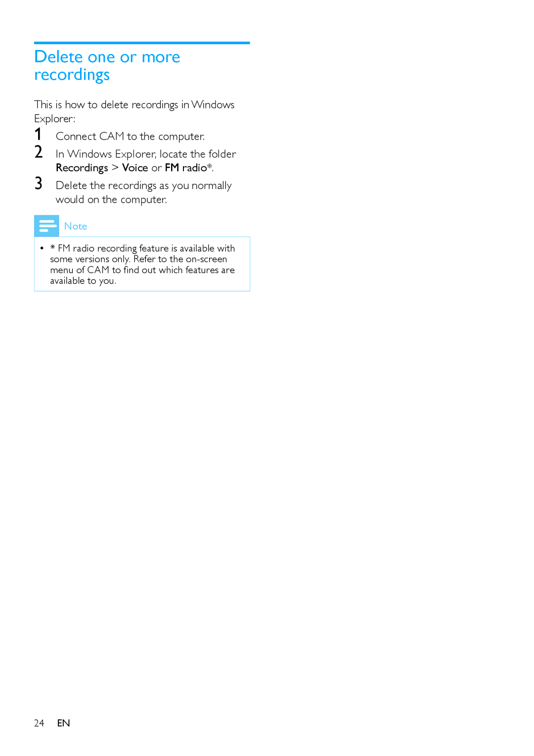 Philips SA2CAM/02 user manual Delete one or more recordings, This is how to delete recordings in Windows Explorer 