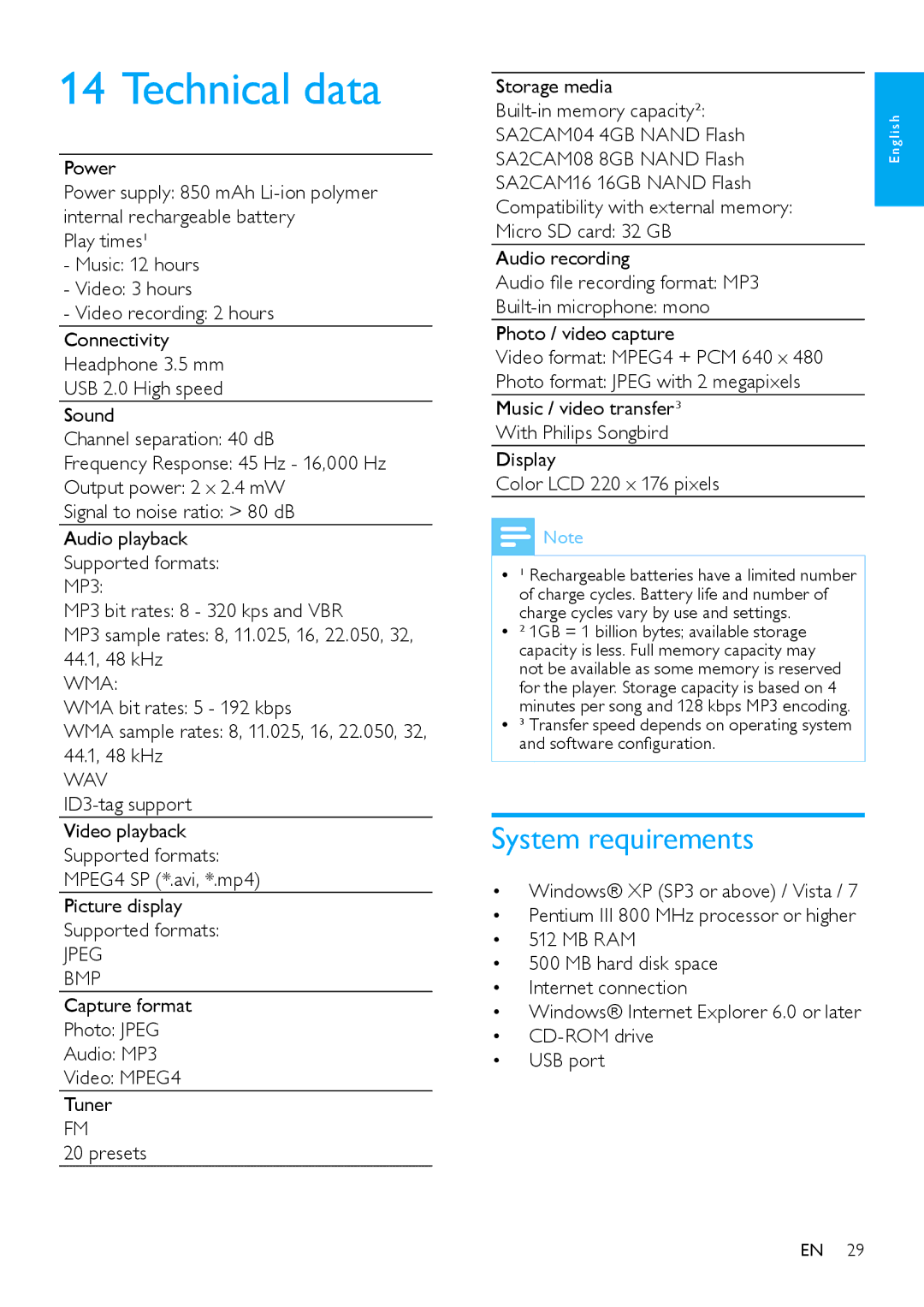 Philips SA2CAM/02 user manual Technical data, System requirements, Power, SA2CAM04 4GB Nand Flash 