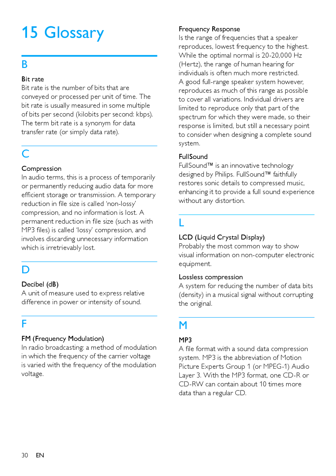 Philips SA2CAM/02 user manual Glossary, Bit rate, Compression, Decibel dB 