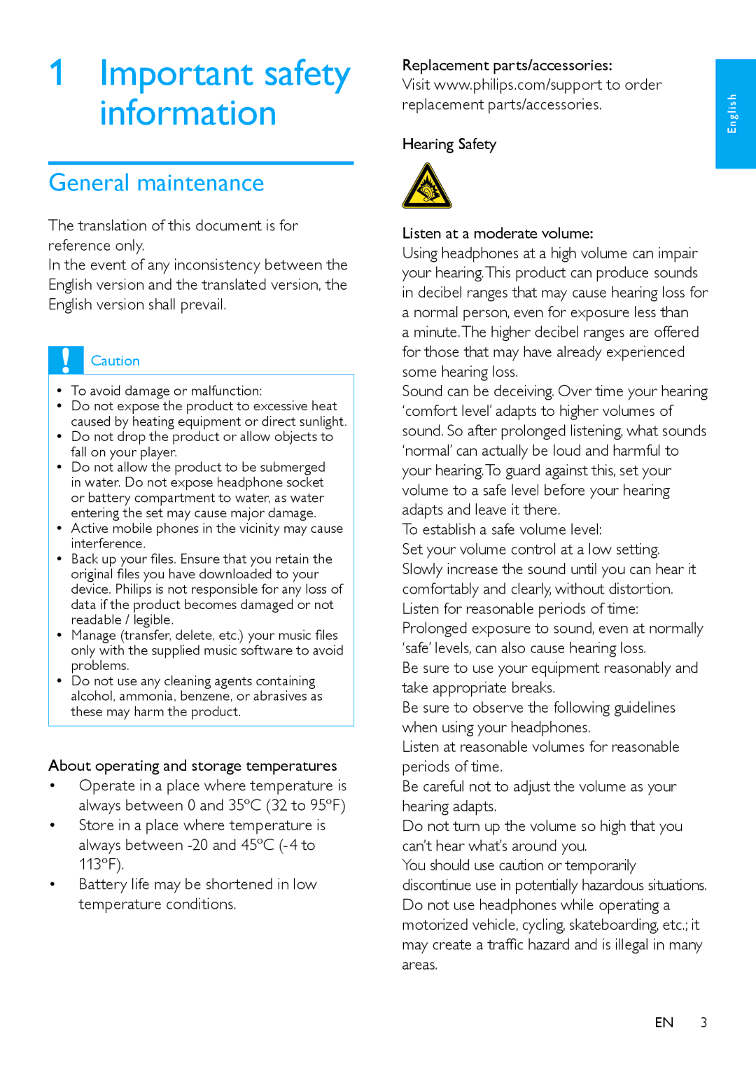 Philips SA2CAM General maintenance, About operating and storage temperatures, Hearing Safety Listen at a moderate volume 