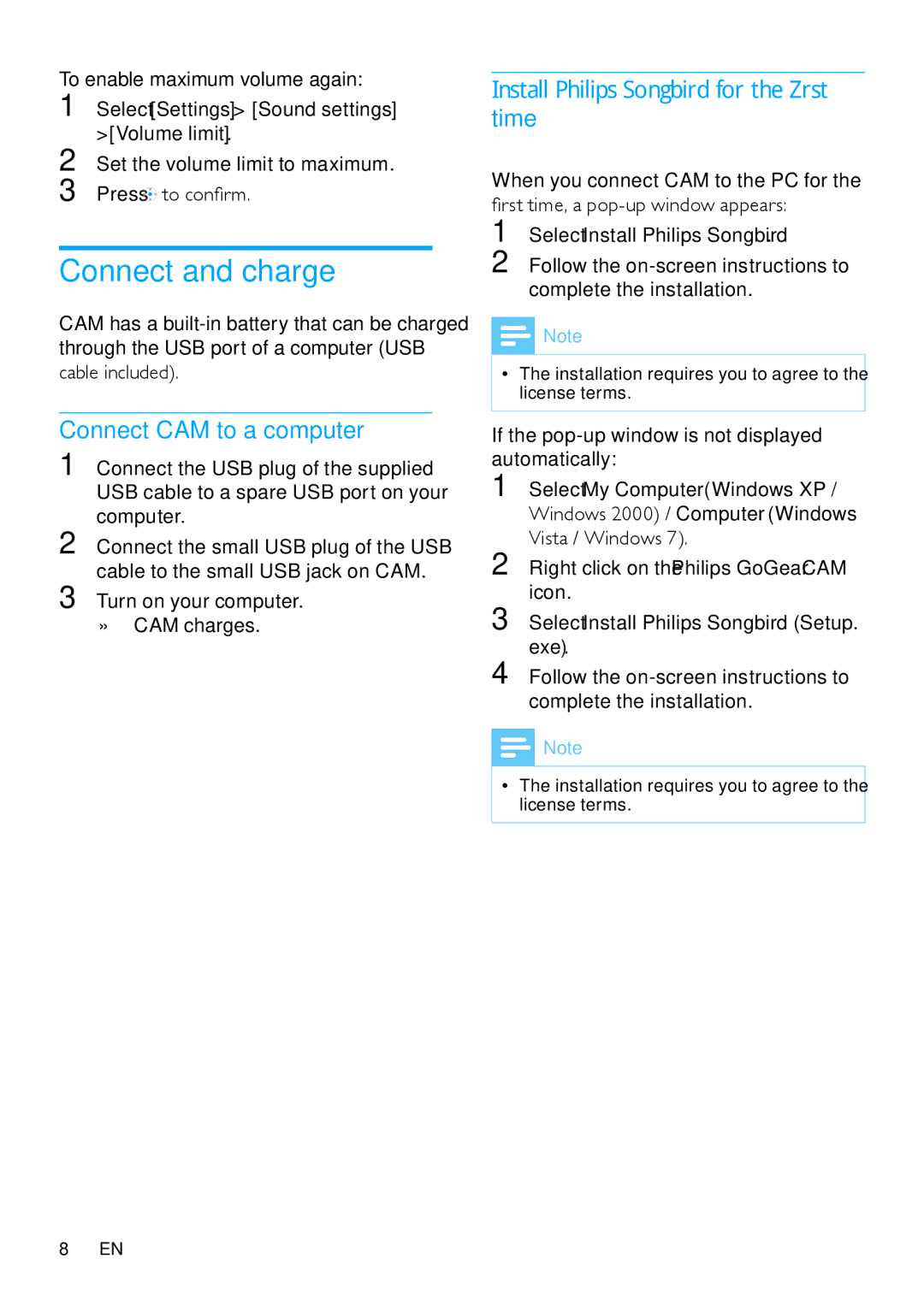 Philips SA2CAM/02 user manual Connect and charge, Connect CAM to a computer, Install Philips Songbird for the first time 