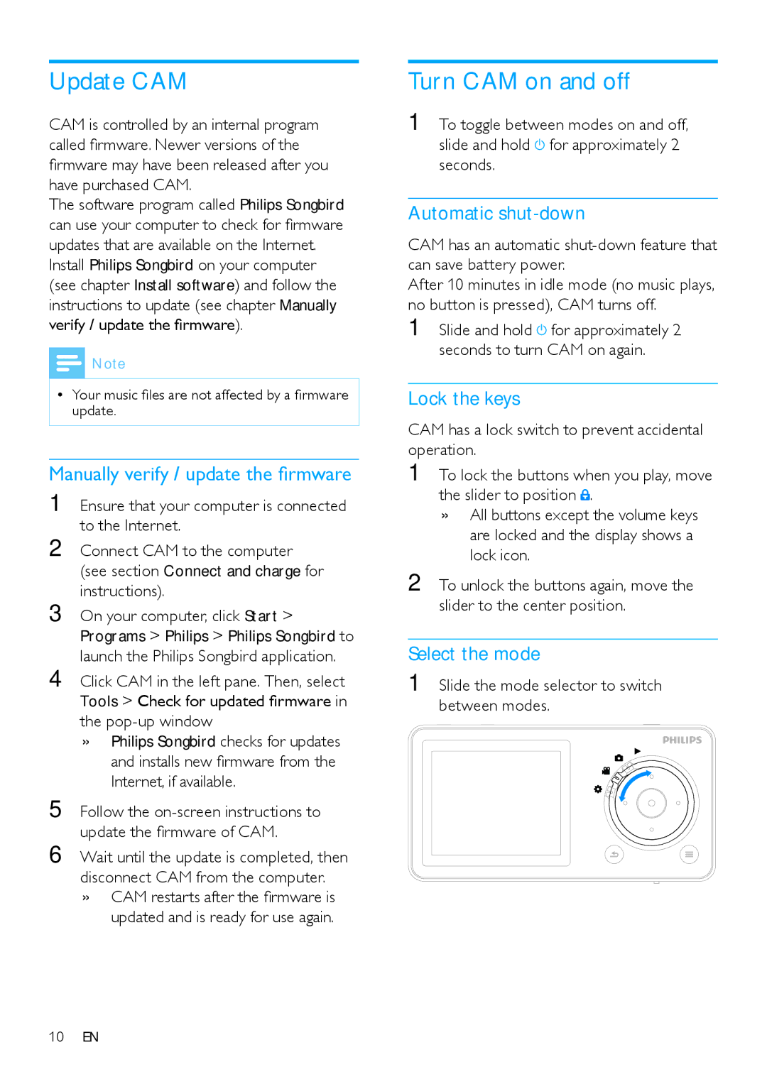 Philips SA2CAM08K/37 user manual Update CAM, Turn CAM on and off 