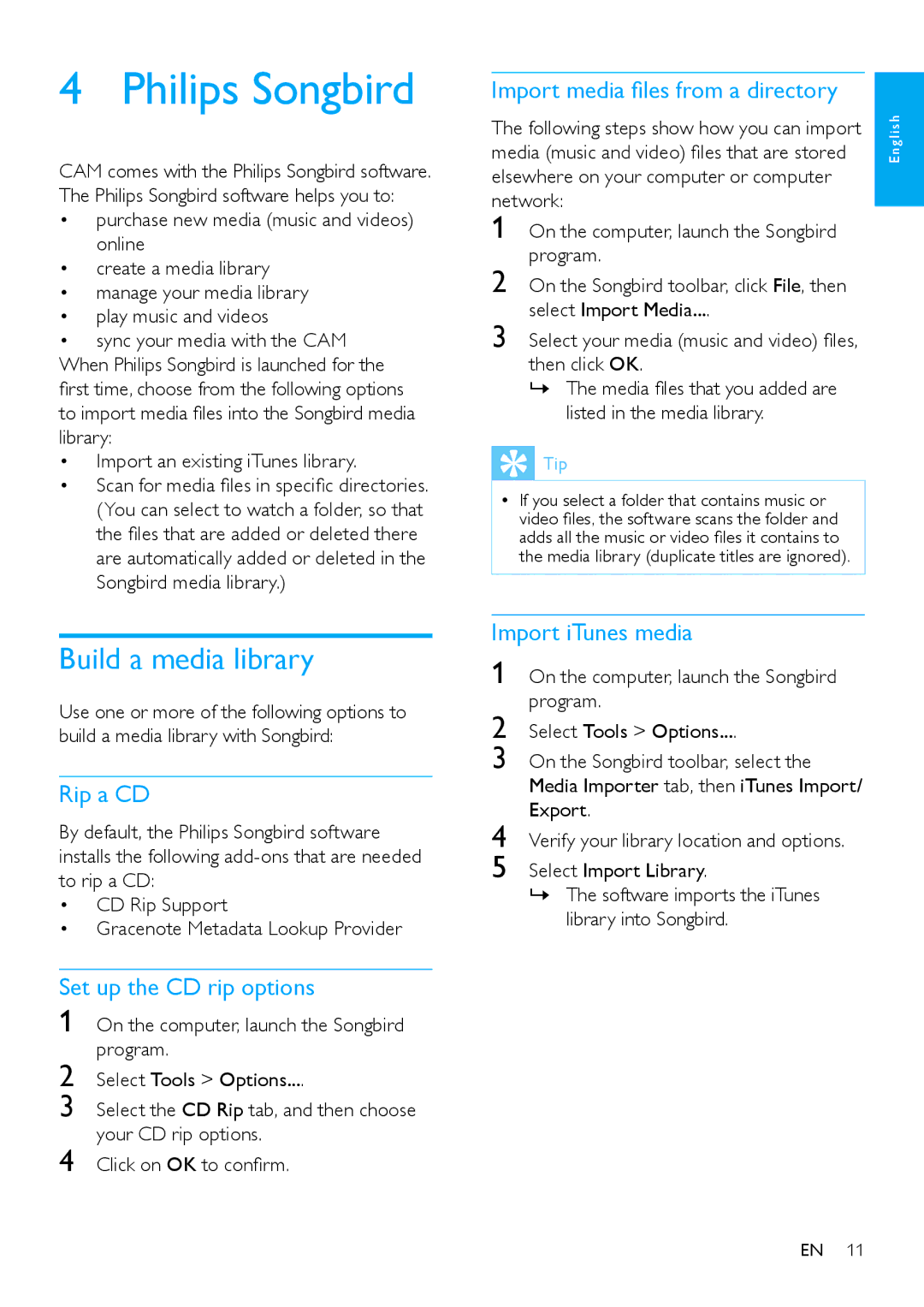 Philips SA2CAM08K/37 user manual Philips Songbird, Build a media library 