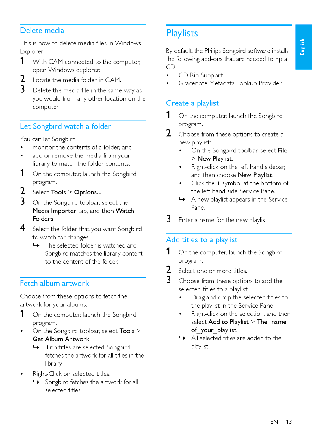 Philips SA2CAM08K/37 user manual Playlists 