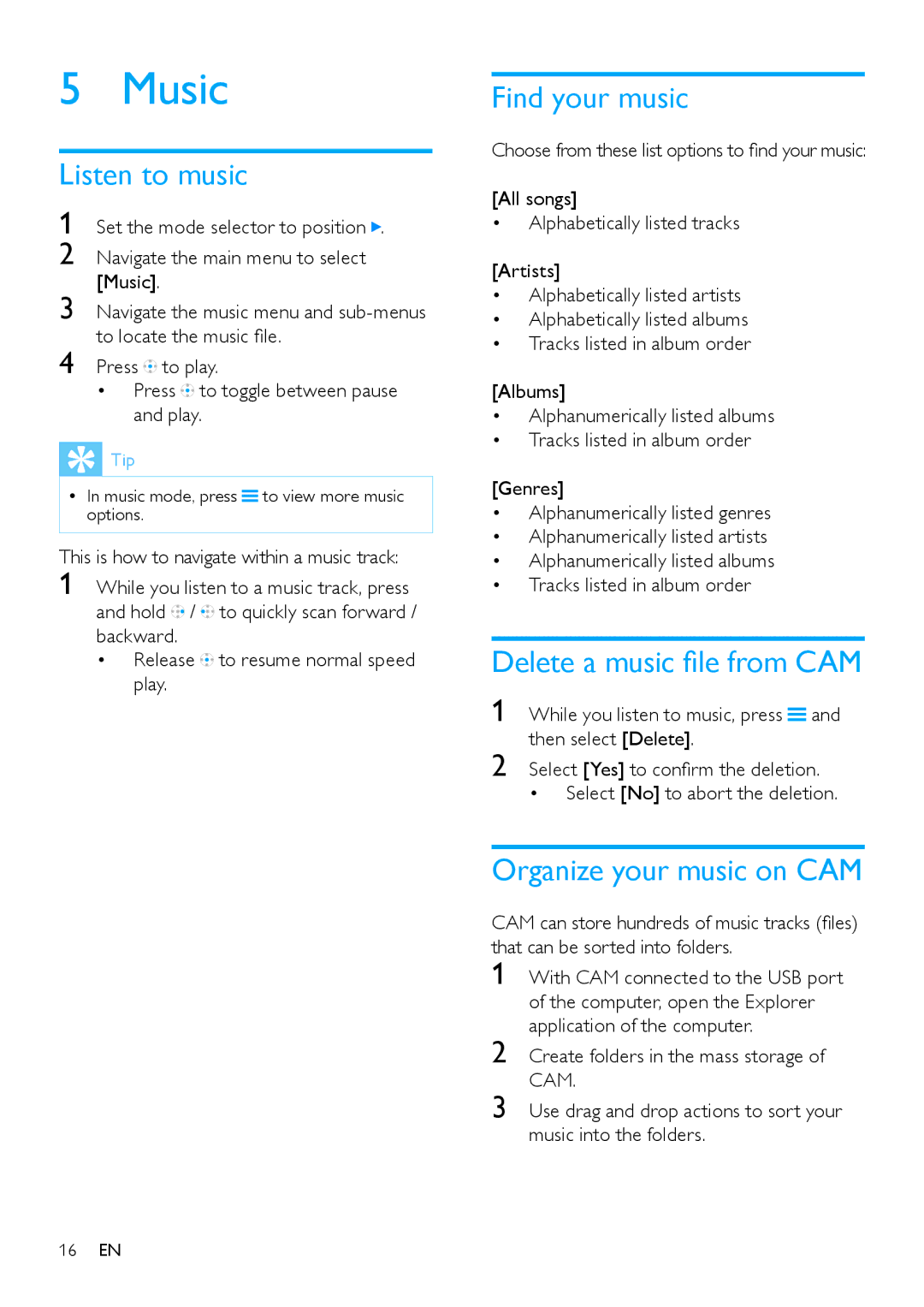 Philips SA2CAM08K/37 Music, Listen to music, Find your music, Delete a music file from CAM, Organize your music on CAM 