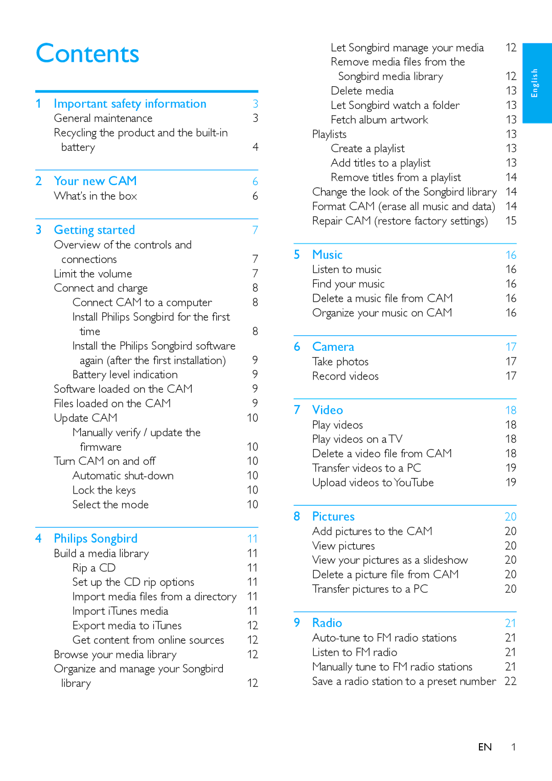 Philips SA2CAM08K/37 user manual Contents 