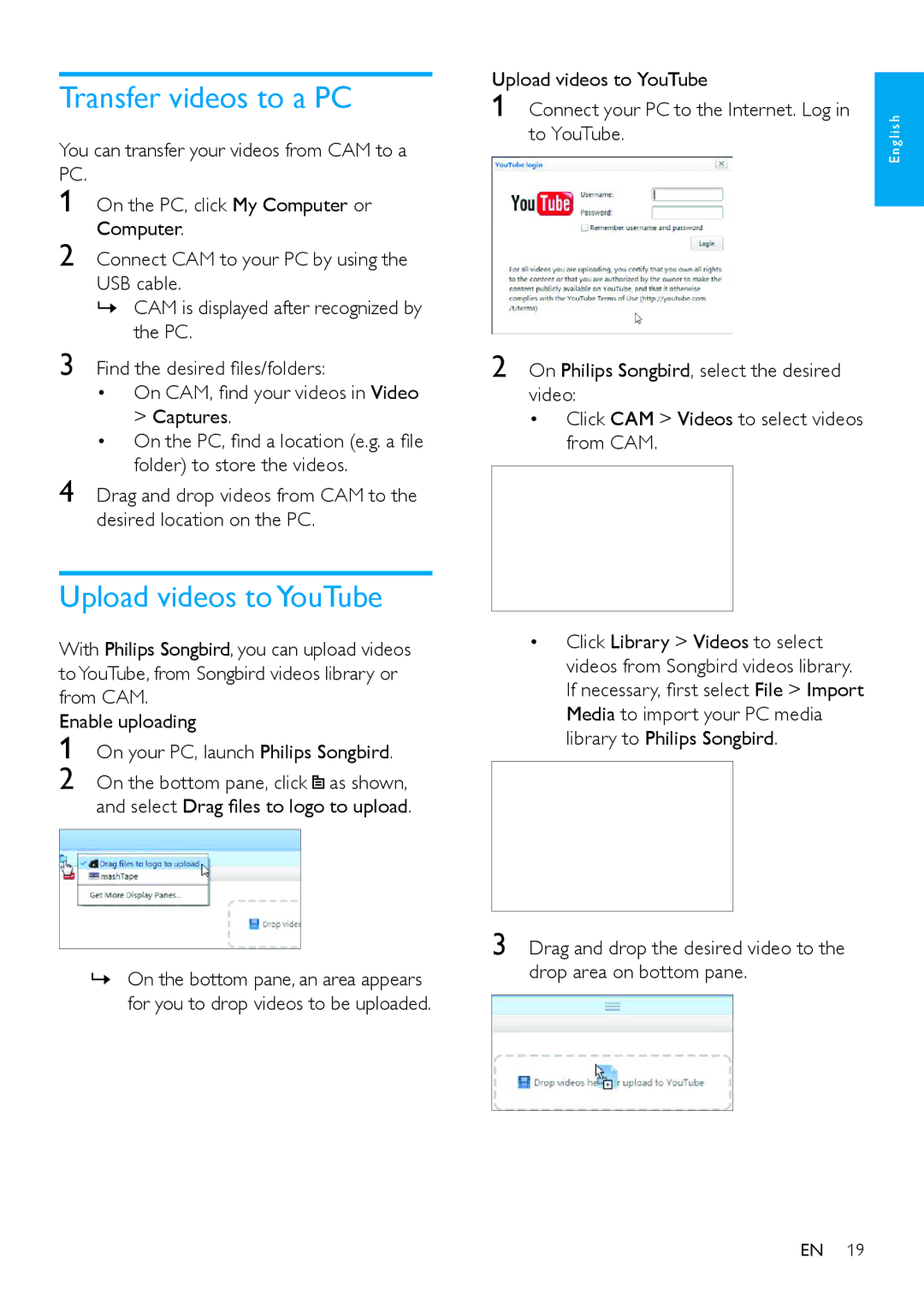 Philips SA2CAM08K/37 user manual Transfer videos to a PC, Upload videos to YouTube 