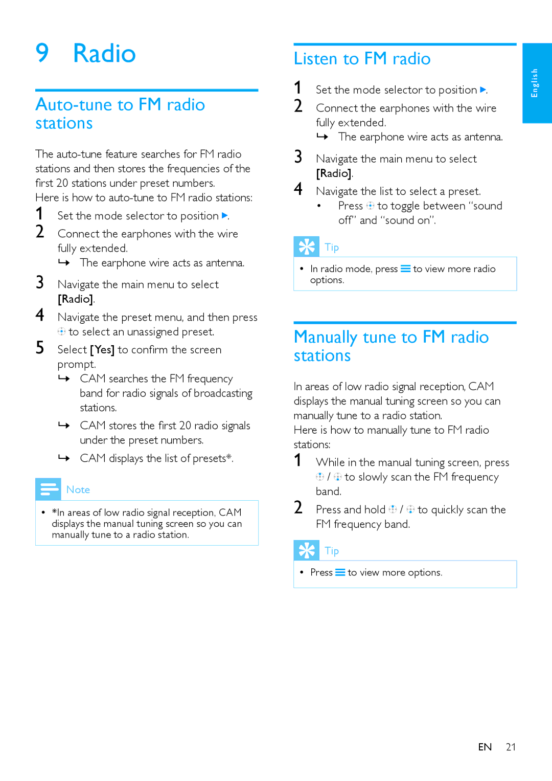 Philips SA2CAM08K/37 Radio, Auto-tune to FM radio stations, Listen to FM radio, Manually tune to FM radio stations 