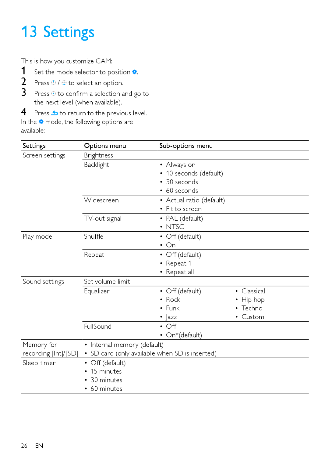 Philips SA2CAM08K/37 user manual Settings, Ntsc 