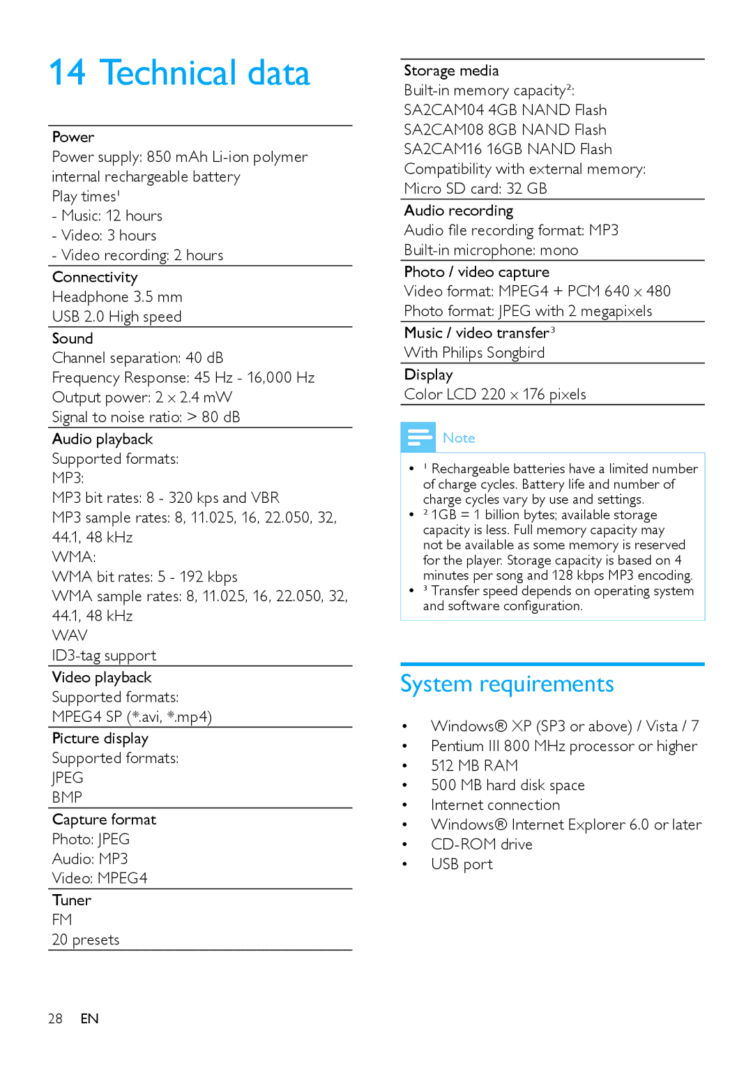 Philips SA2CAM08K/37 user manual Technical data, System requirements, Power 