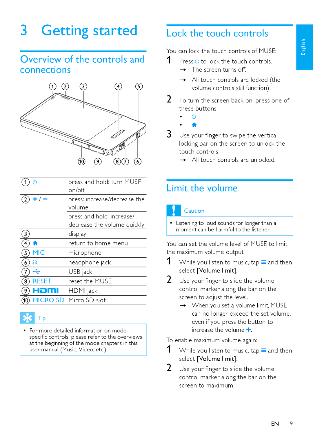 Philips SA2MUS/02 Getting started, Overview of the controls and connections, Lock the touch controls, Limit the volume 