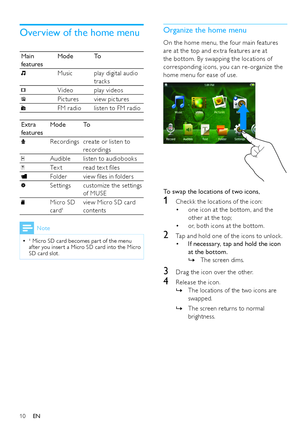 Philips SA2MUS/02 user manual Overview of the home menu, Organize the home menu 