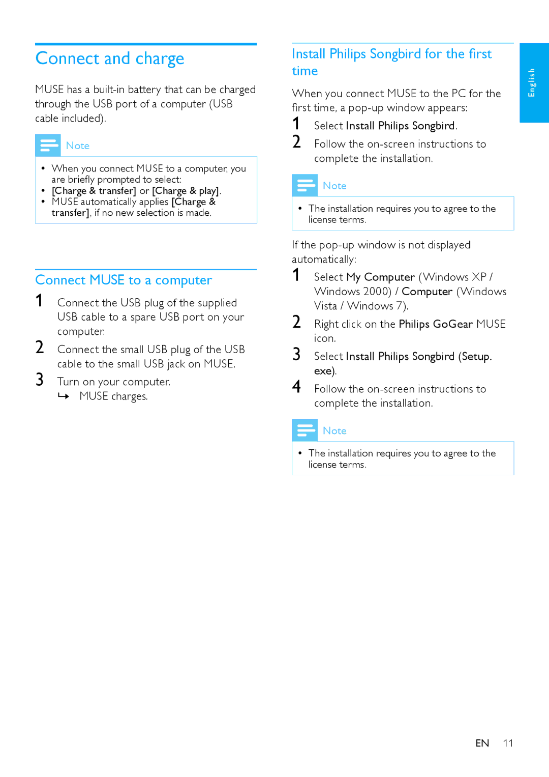 Philips SA2MUS/02 user manual Connect and charge, Connect Muse to a computer, Install Philips Songbird for the first time 