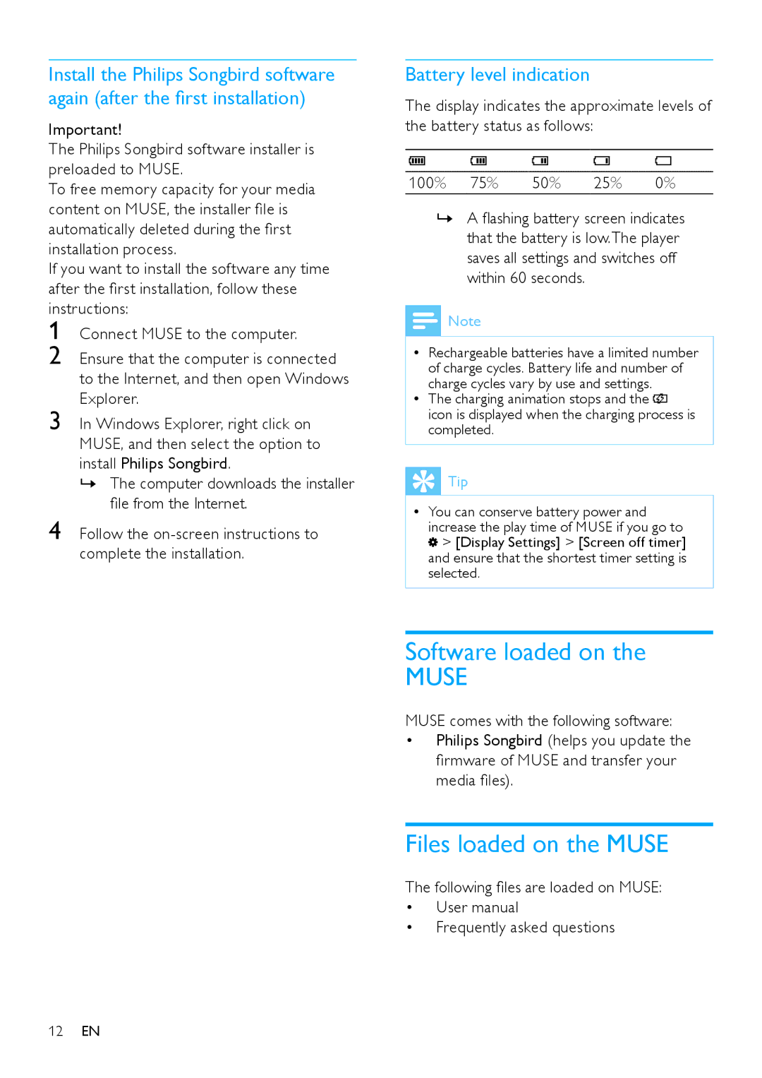 Philips SA2MUS/02 user manual Software loaded on, Files loaded on the Muse, Battery level indication 