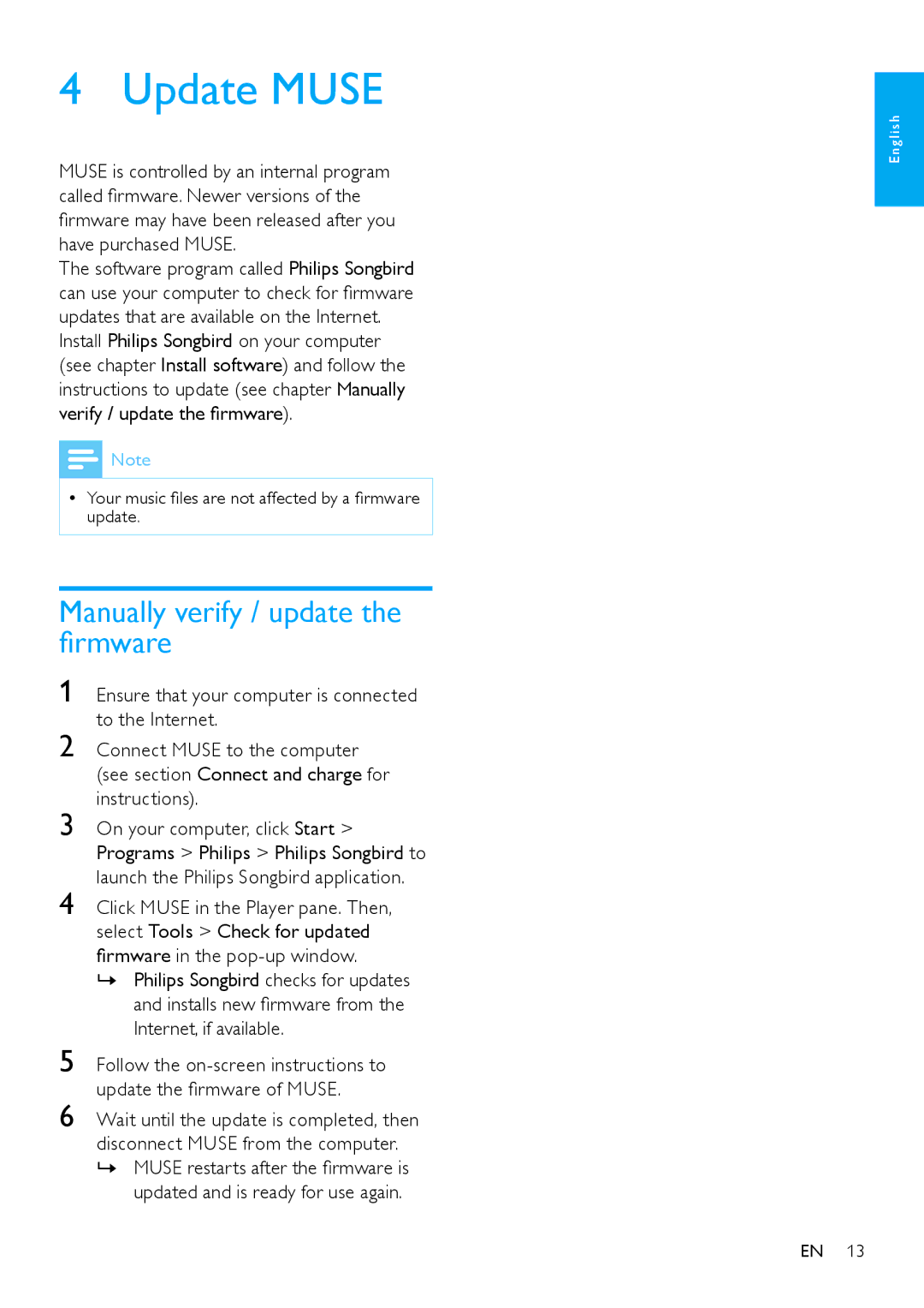 Philips SA2MUS/02 user manual Update Muse, Manually verify / update the firmware, Updated and is ready for use again 