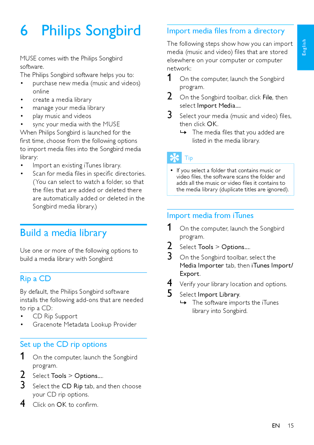 Philips SA2MUS/02 user manual Philips Songbird, Build a media library 