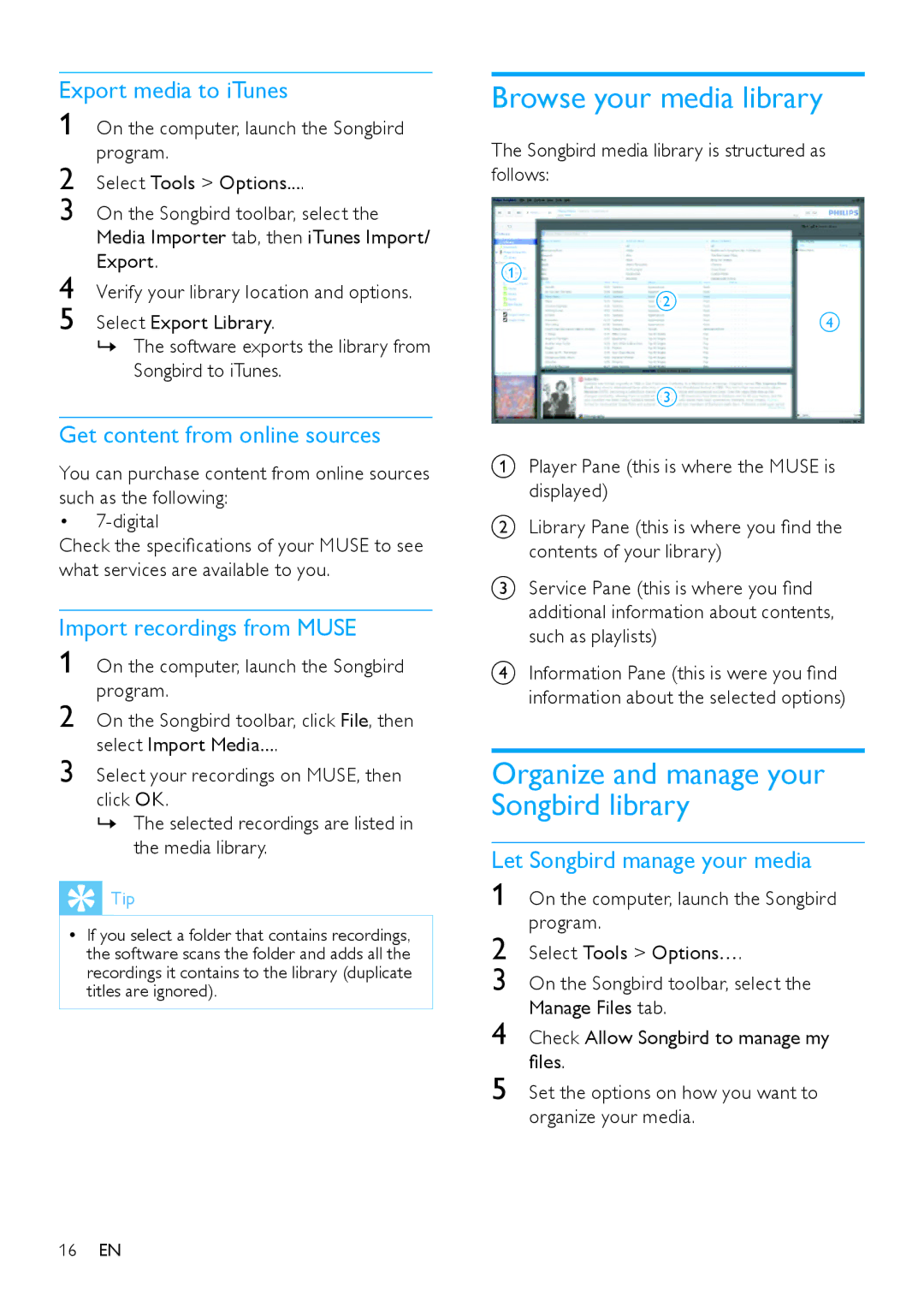 Philips SA2MUS/02 user manual Browse your media library, Organize and manage your Songbird library 