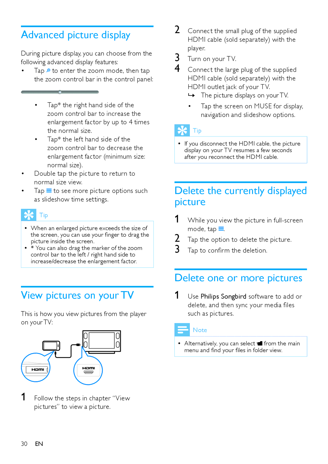 Philips SA2MUS/02 user manual Advanced picture display, View pictures on your TV, Delete the currently displayed picture 