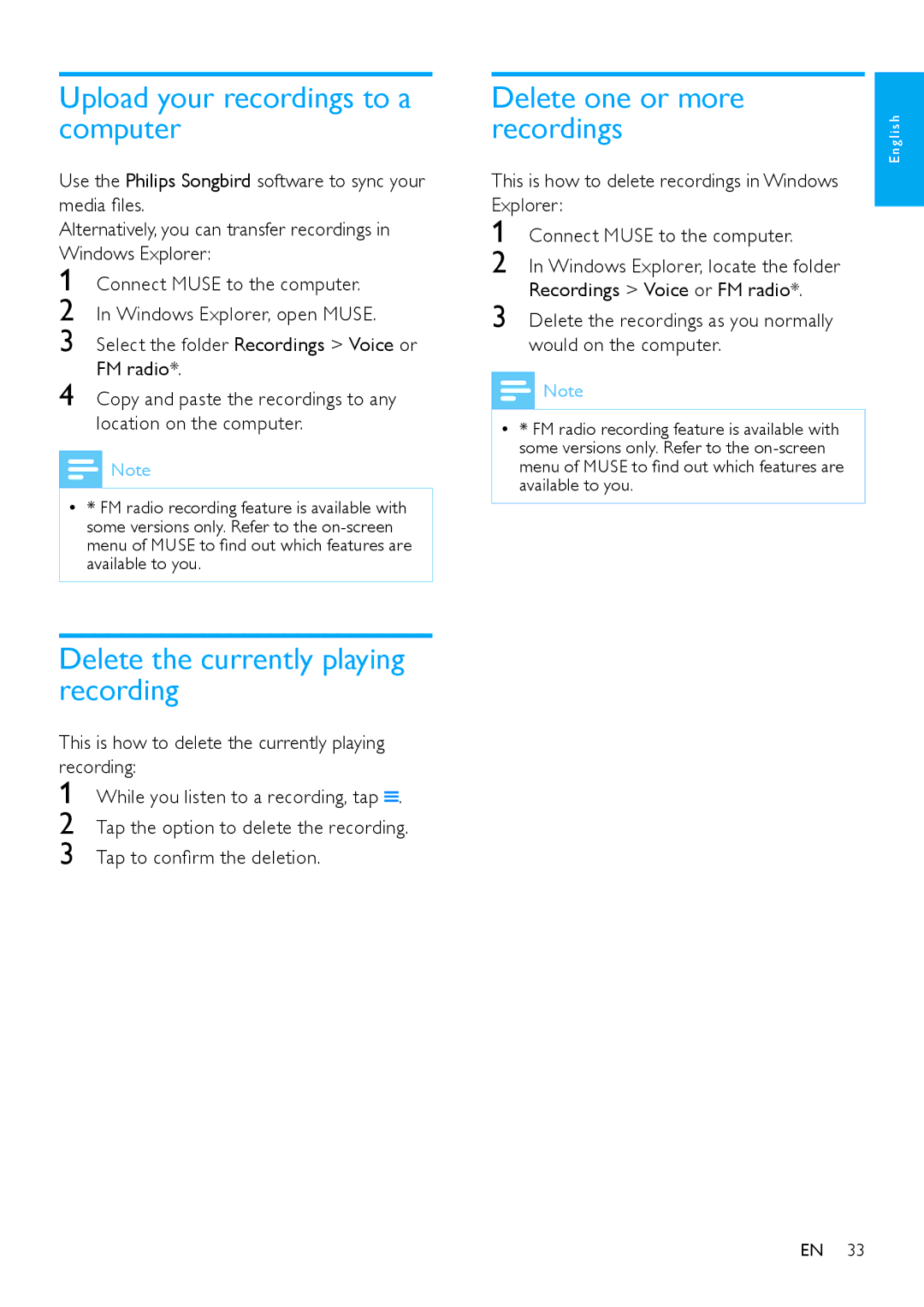 Philips SA2MUS/02 user manual Upload your recordings to a computer, Delete the currently playing recording 