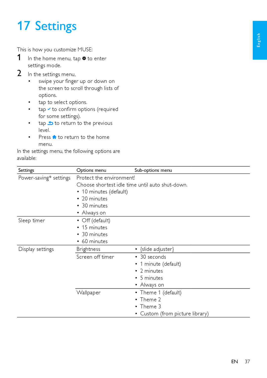 Philips SA2MUS/02 user manual Settings, Protect the environment, Choose shortest idle time until auto shut-down 