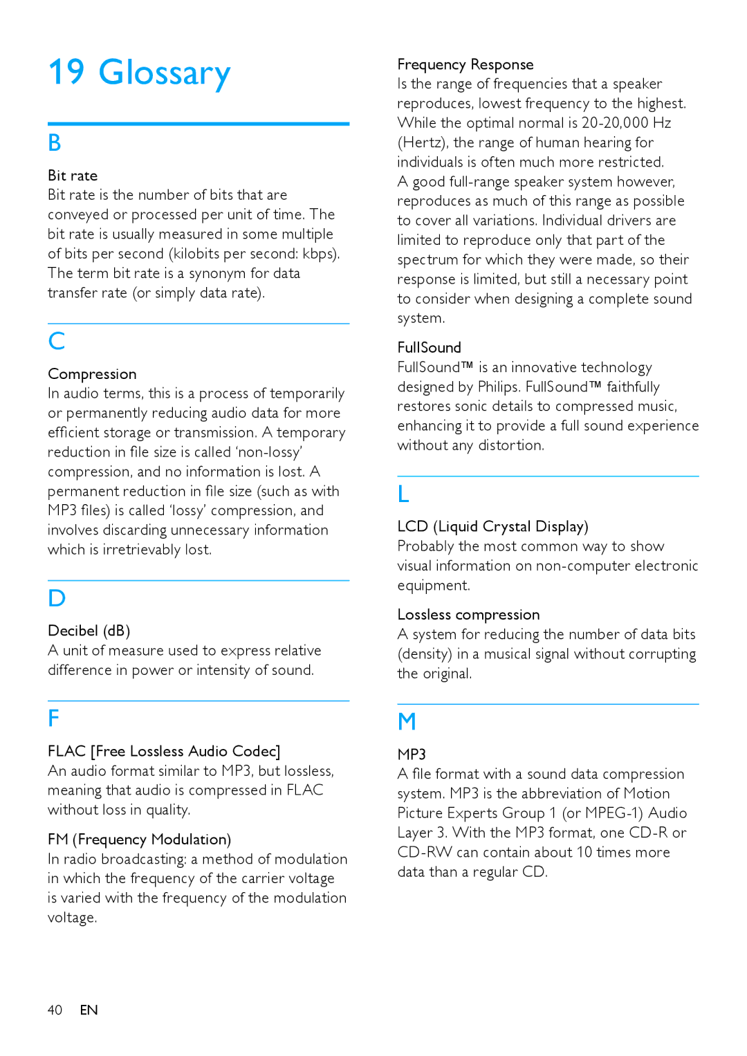 Philips SA2MUS/02 user manual Glossary, Bit rate, Compression, Decibel dB, Flac Free Lossless Audio Codec 