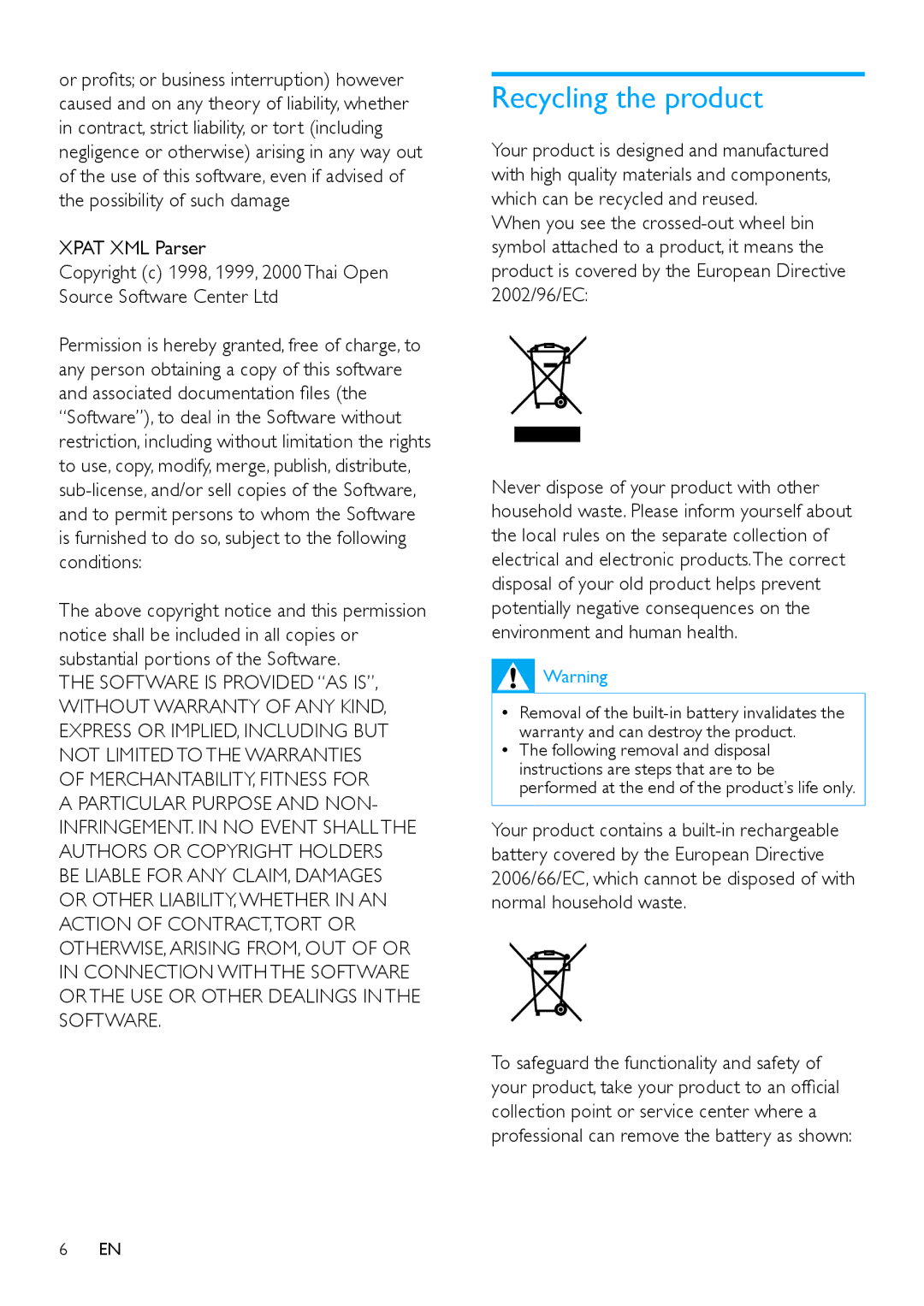 Philips SA2MUS/02 user manual Recycling the product, Xpat XML Parser 