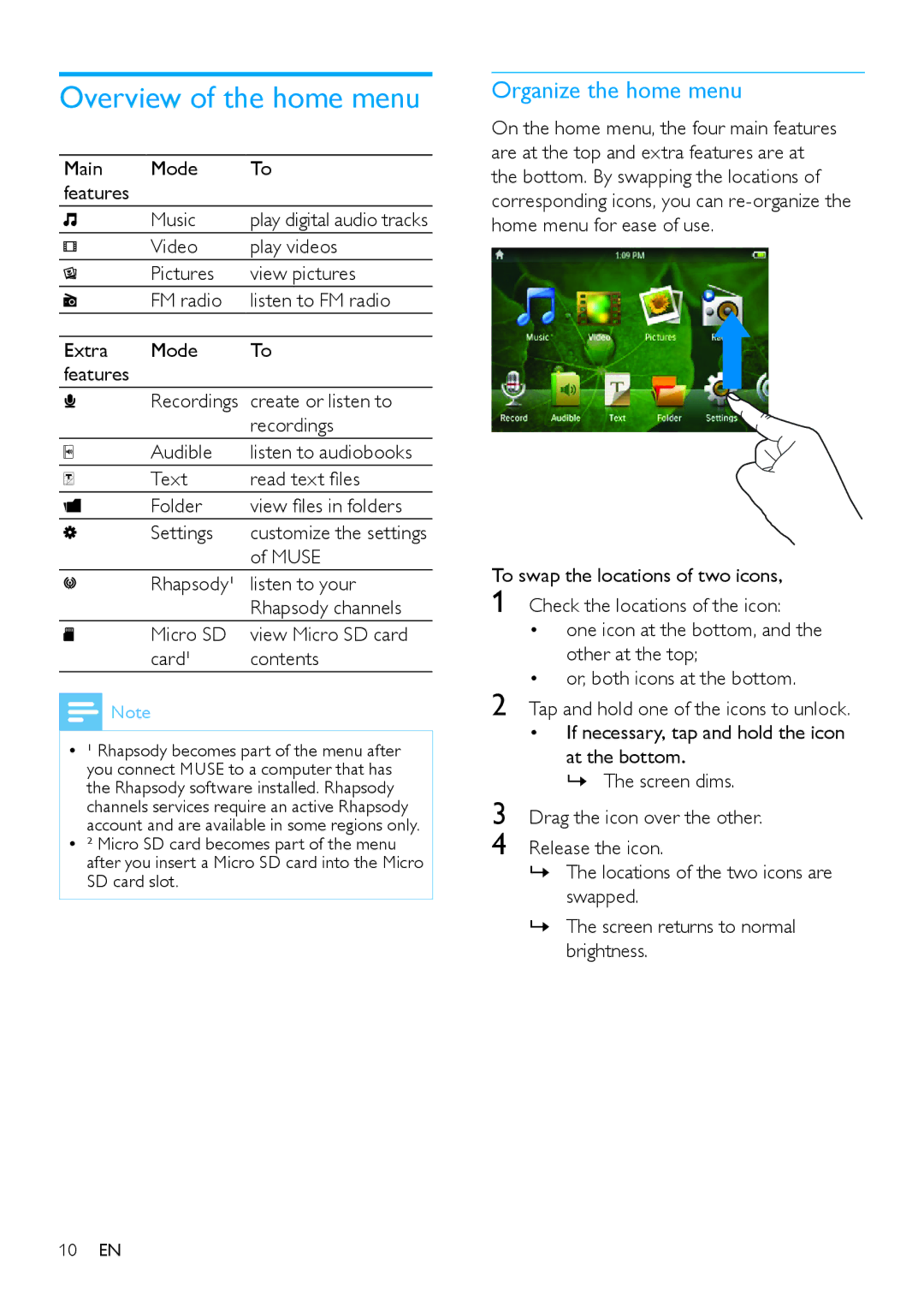 Philips SA2MUS16, SA2MUS08S/17, SA2MUS32 user manual Overview of the home menu, Organize the home menu 