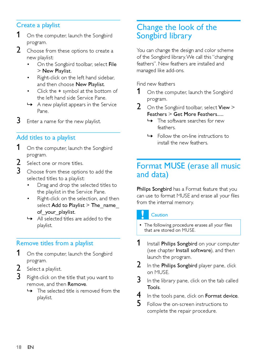 Philips SA2MUS16 Change the look of the Songbird library, Format Muse erase all music and data, Create a playlist 