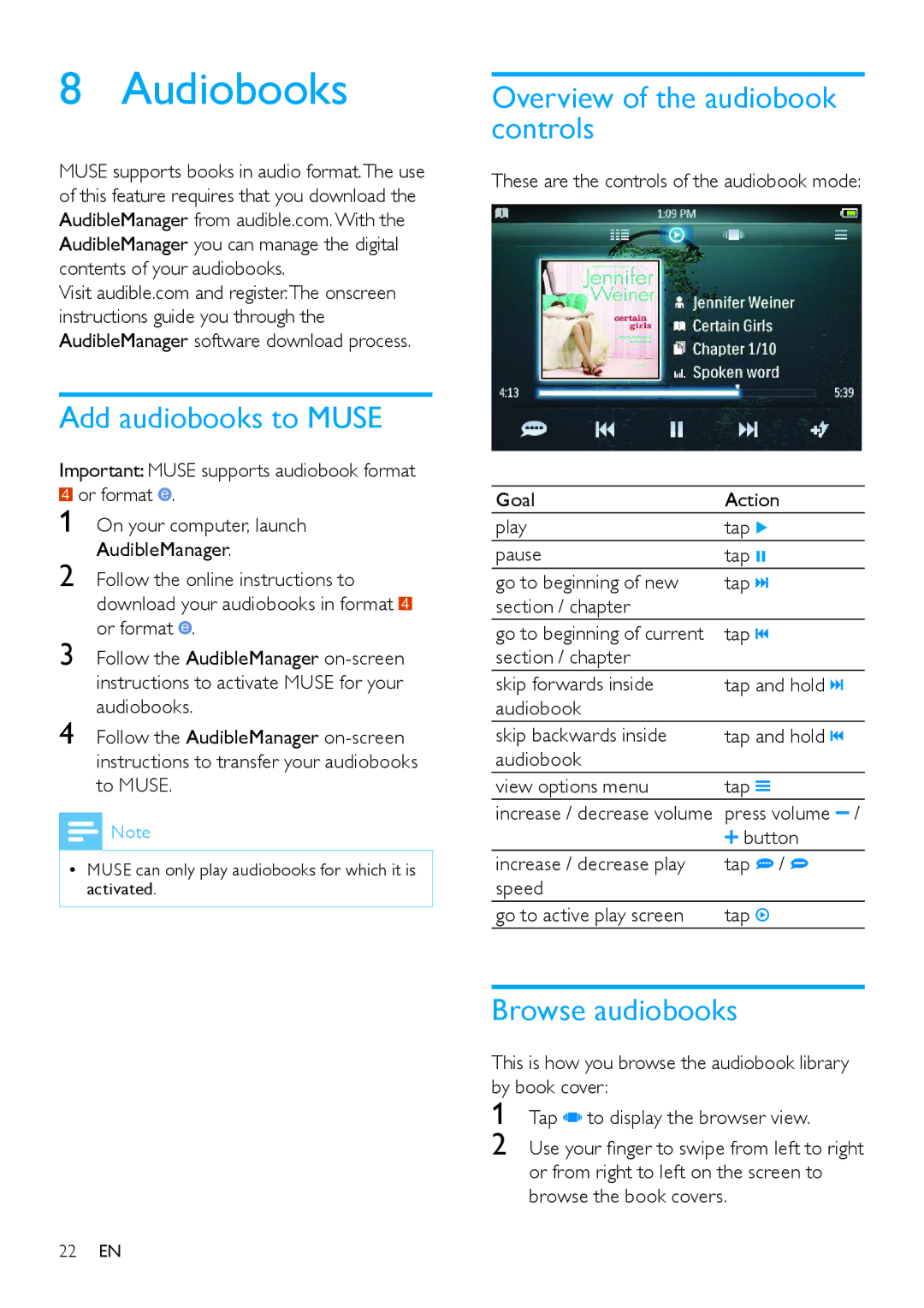 Philips SA2MUS16, SA2MUS08S/17 Audiobooks, Add audiobooks to Muse, Overview of the audiobook controls, Browse audiobooks 