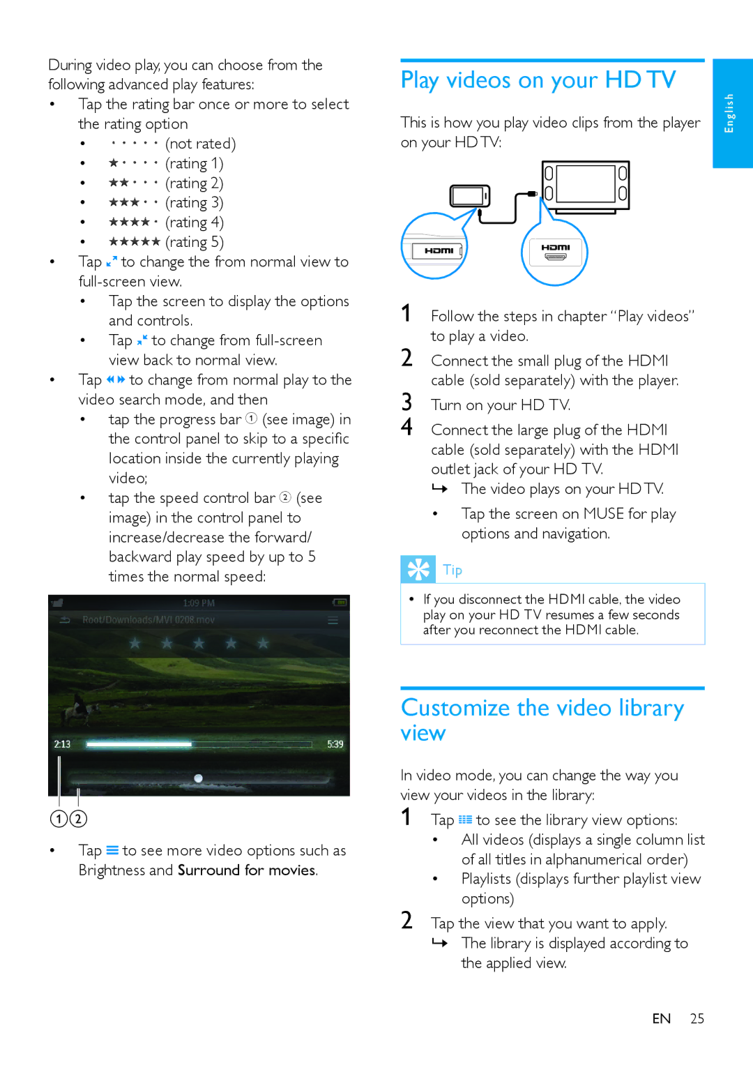 Philips SA2MUS32, SA2MUS08S/17, SA2MUS16 user manual Play videos on your HD TV 