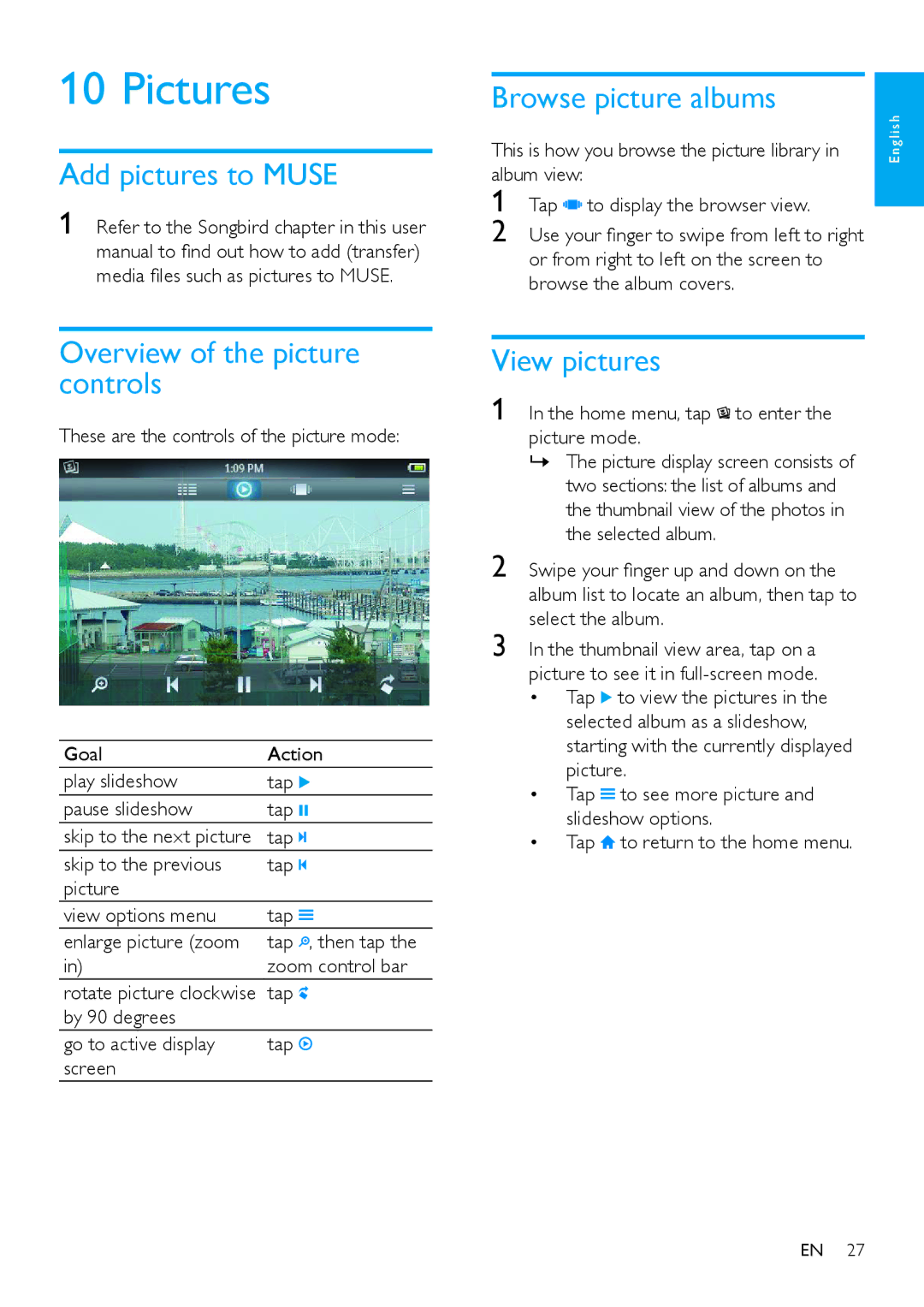 Philips SA2MUS08S/17 Pictures, Add pictures to Muse Browse picture albums, Overview of the picture controls, View pictures 