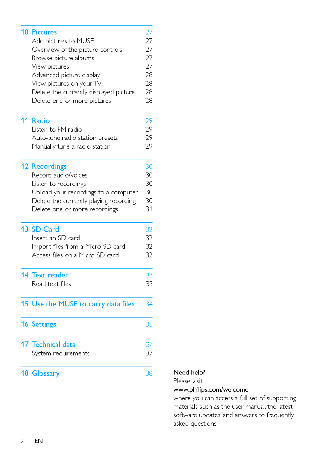 Philips SA2MUS16 Delete one or more pictures, Record audio/voices Listen to recordings, Delete one or more recordings 