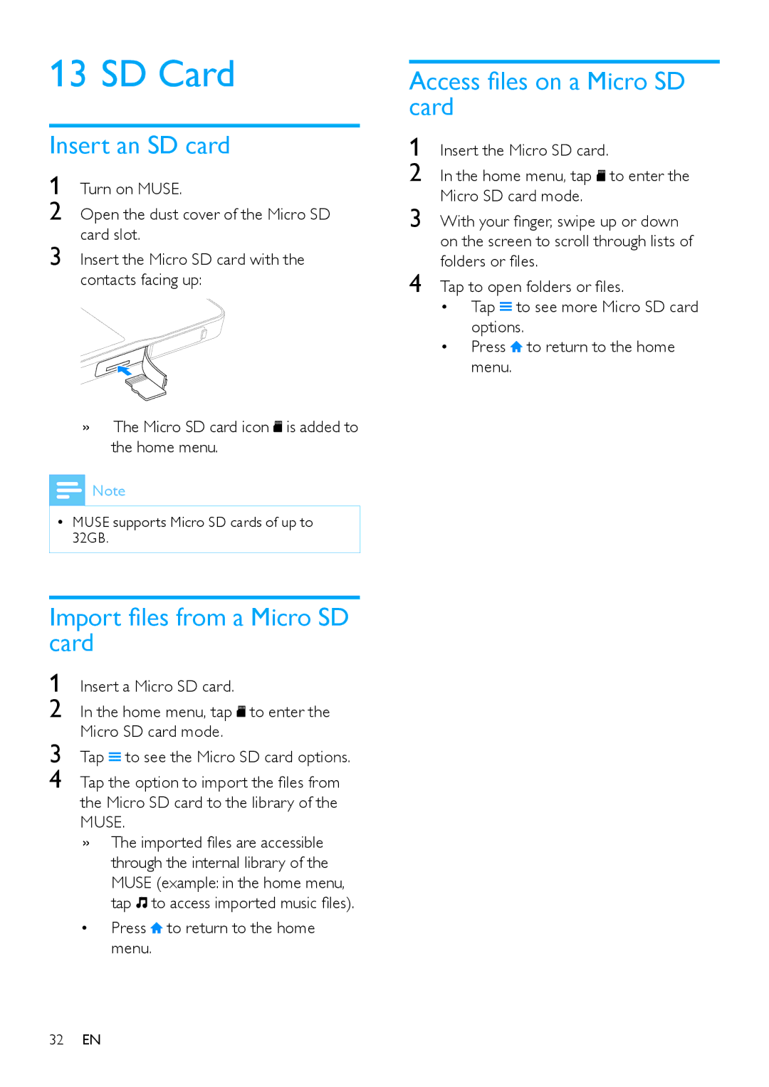 Philips SA2MUS08, SA2MUS32 SD Card, Insert an SD card, Import files from a Micro SD card, Access files on a Micro SD card 