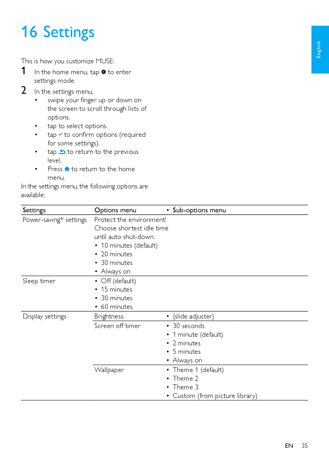 Philips SA2MUS08S/17, SA2MUS32, SA2MUS16 user manual Settings, Protect the environment, Choose shortest idle time 