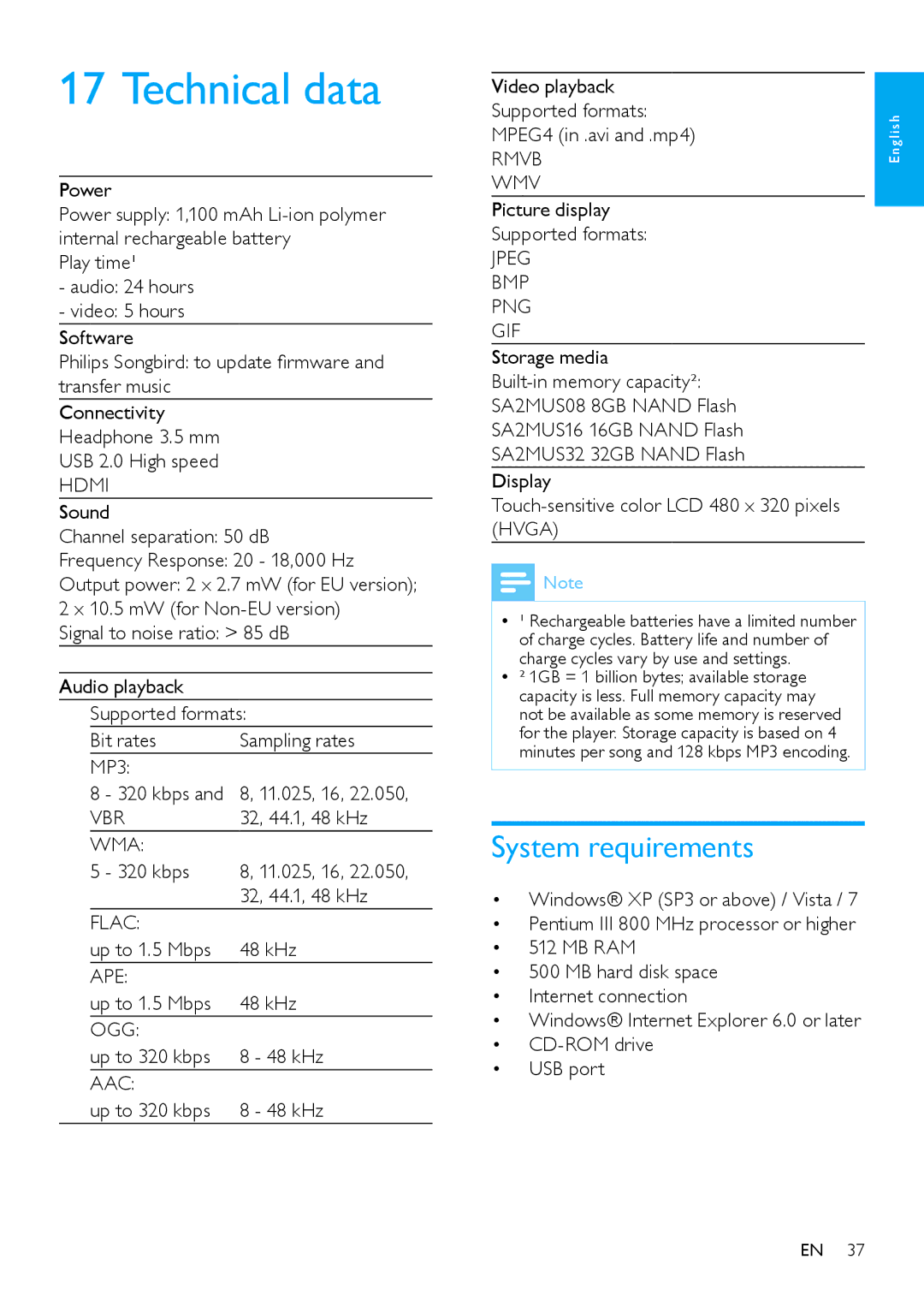 Philips SA2MUS32, SA2MUS08S/17, SA2MUS16 user manual Technical data, System requirements 