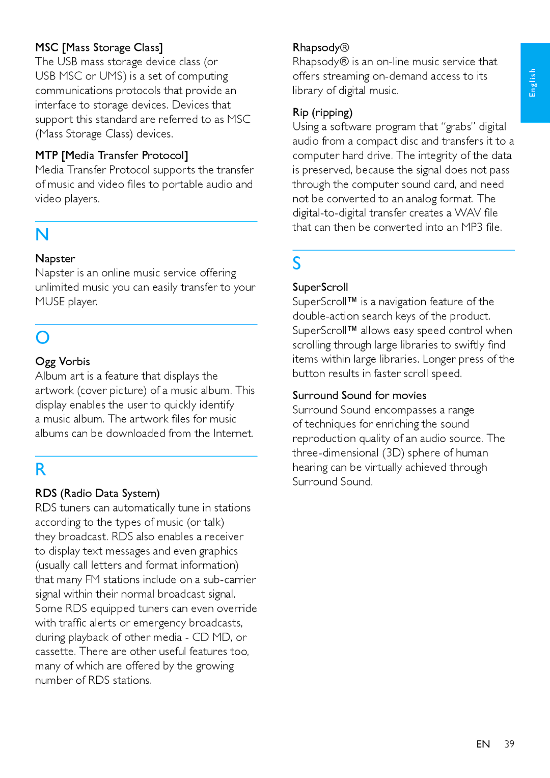 Philips SA2MUS08S/17, SA2MUS32, SA2MUS16 user manual RDS Radio Data System, Rhapsody, Rip ripping, SuperScroll 