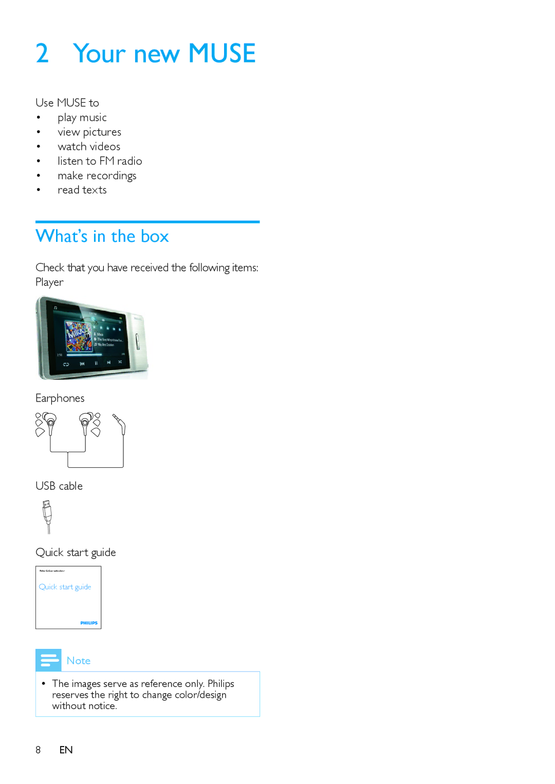 Philips SA2MUS08S/17, SA2MUS32, SA2MUS16 user manual Your new Muse, What’s in the box 